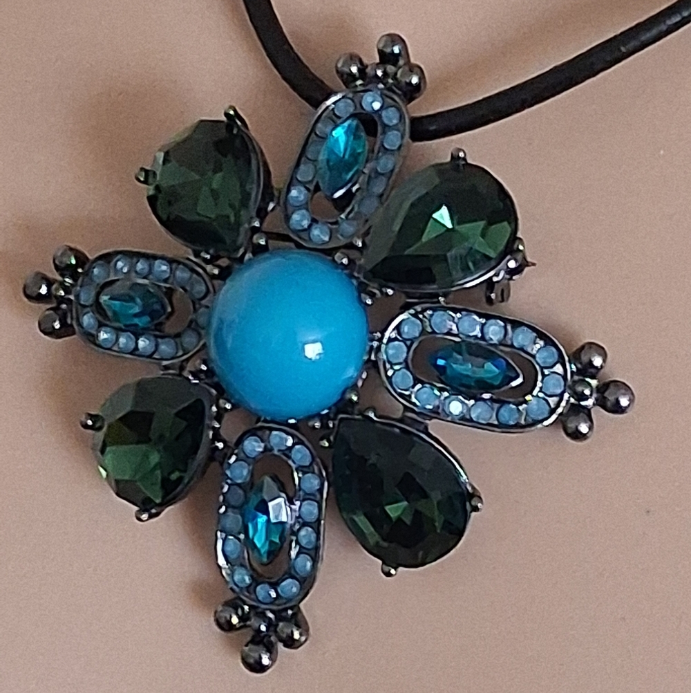 Lia Sophia Blue and Green Pendant Necklace On Black Cord - Picture 10 of 11